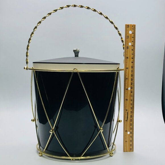Vintage 60s THERMOS Drum Ice Bucket: Black Insulated Container - Gold Tone Caddy - Picture 16 of 16